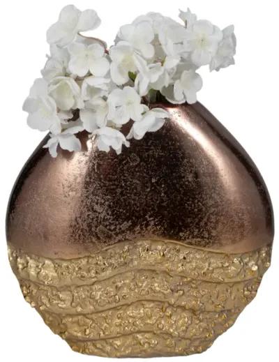 Metal, 12" Ridged Round Vase, Black/gold