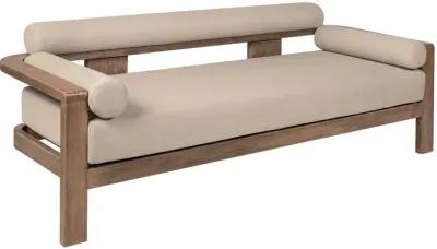 Relic Outdoor Patio 4 Piece Conversation Set in Weathered Eucalyptus Wood with Taupe Olefin Cushions