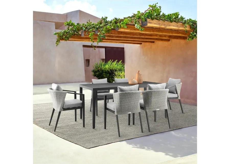 Palma Outdoor Patio 7-Piece Dining Table Set in Aluminum and Wicker with Grey Cushions