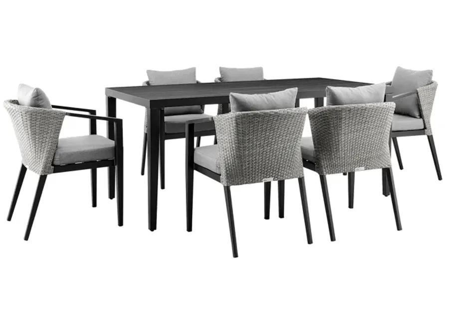 Palma Outdoor Patio 7-Piece Dining Table Set in Aluminum and Wicker with Grey Cushions