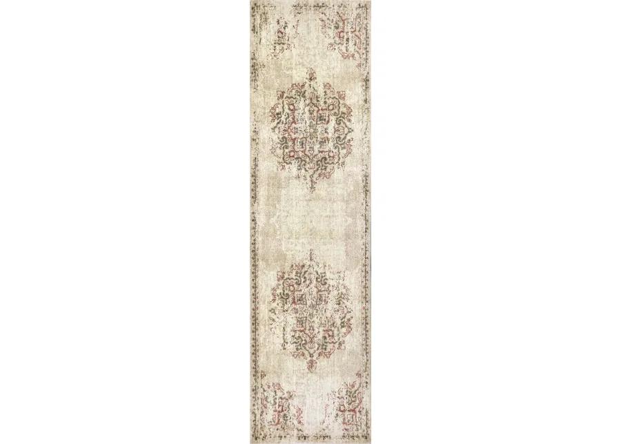 Gossamer Beige Medallion Distress 100% New Zealand Wool 2'6" x 8' Runner Rug