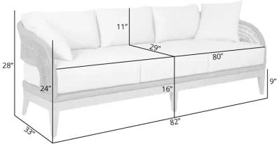 Orbit Outdoor Patio Sofa in Weathered Eucalyptus Wood with Gray Rope and Taupe Olefin Cushions