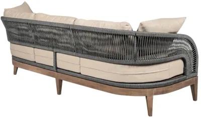 Orbit Outdoor Patio Sofa in Weathered Eucalyptus Wood with Gray Rope and Taupe Olefin Cushions