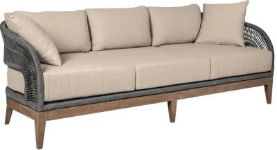 Orbit Outdoor Patio Sofa in Weathered Eucalyptus Wood with Gray Rope and Taupe Olefin Cushions