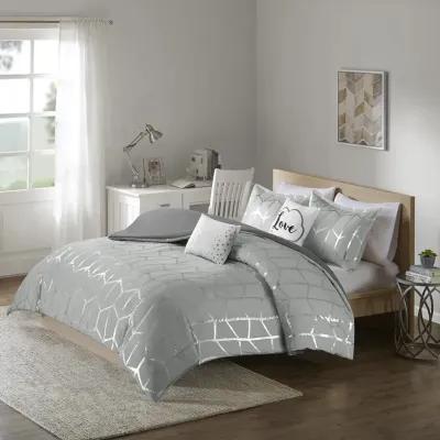 Intelligent Design Raina Grey/Silver Metallic Printed Duvet Cover Set