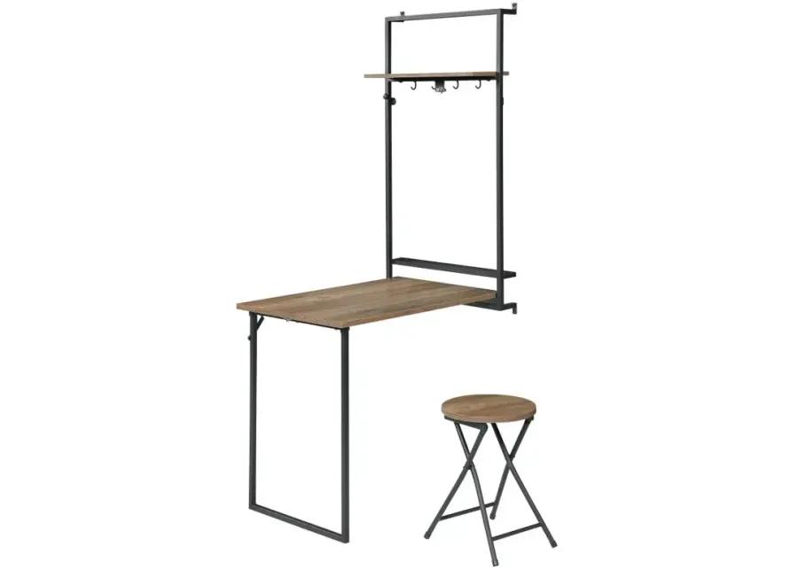 Riley Foldable Wall Desk with Stool Rustic Oak and Sandy Black