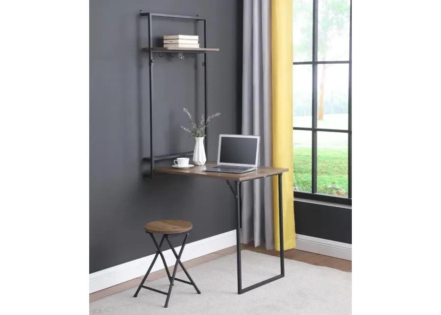 Riley Foldable Wall Desk with Stool Rustic Oak and Sandy Black