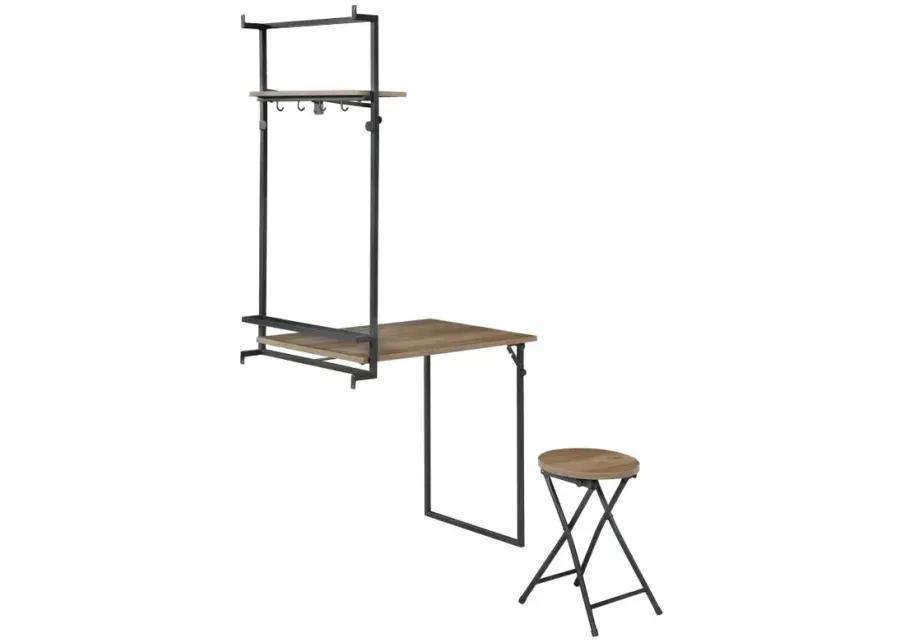 Riley Foldable Wall Desk with Stool Rustic Oak and Sandy Black