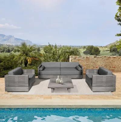 Vivid Outdoor Patio 4 Piece Conversation Set in Gray Eucalyptus Wood with Gray Olefin Cushions 