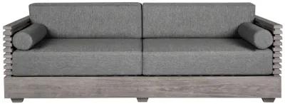 Vivid Outdoor Patio 4 Piece Conversation Set in Gray Eucalyptus Wood with Gray Olefin Cushions 