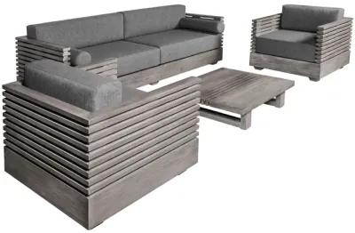 Vivid Outdoor Patio 4 Piece Conversation Set in Gray Eucalyptus Wood with Gray Olefin Cushions 