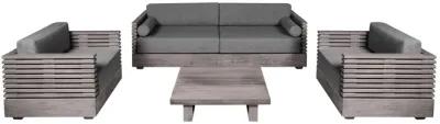 Vivid Outdoor Patio 4 Piece Conversation Set in Gray Eucalyptus Wood with Gray Olefin Cushions 