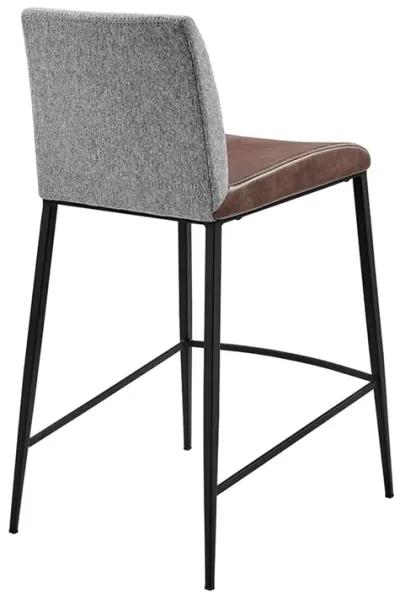 Rasmus-C Counter Stool with Light Brown Leatherette and Gray Fabric with Matte Black Legs - Set of 2