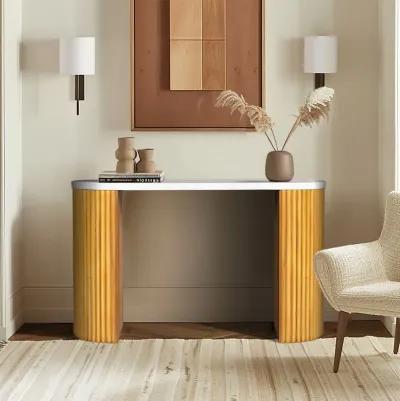 Faux White Marble Console Table with Reeded Wooden Pillar Legs