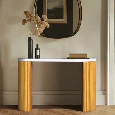 Faux White Marble Console Table with Reeded Wooden Pillar Legs