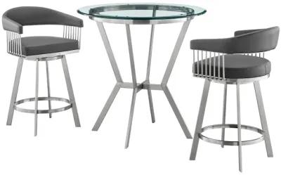 Naomi and Chelsea 3-Piece Counter Height Dining Set in Brushed Stainless Steel and Grey Faux Leather