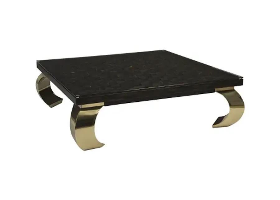 distressed blocks coffee table, wood, glass, plated brass ming legs, black with gold leaf, sm