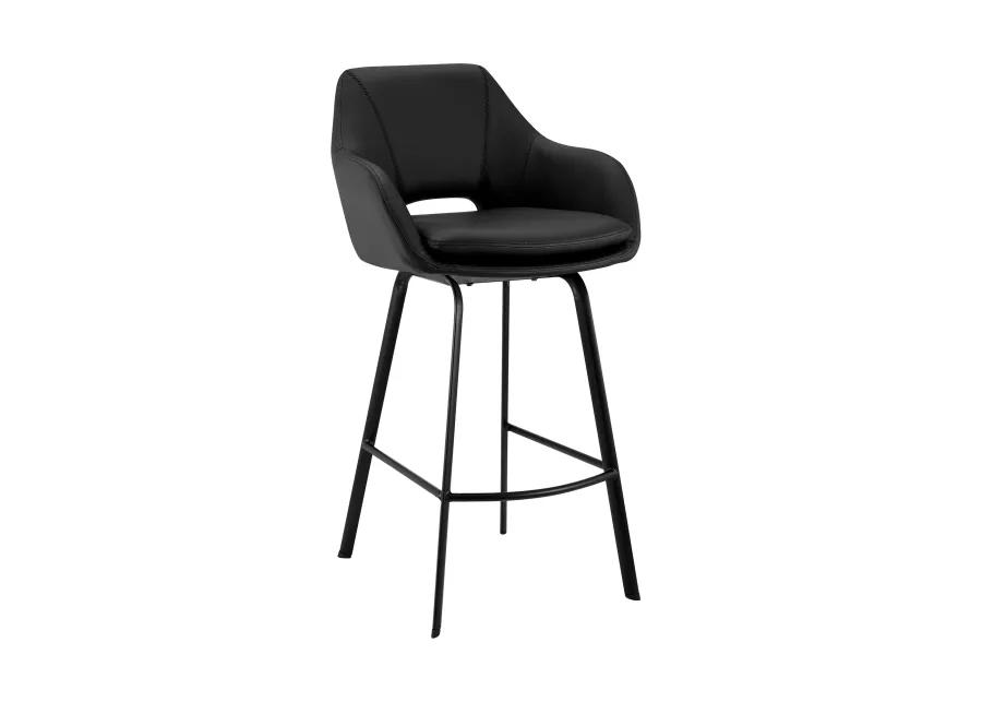 Aura Black Faux Leather and Black Metal Swivel 30" Bar Stool