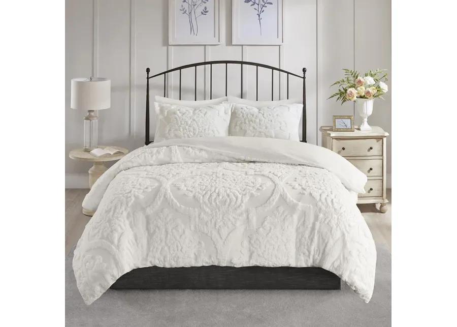 Madison Park Viola Off-White 3 Piece Tufted Cotton Chenille Damask Duvet Cover Set