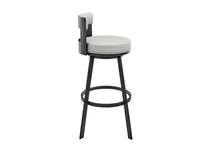 Flynn 30" Swivel Bar Stool in Black Metal with Light Gray Faux Leather