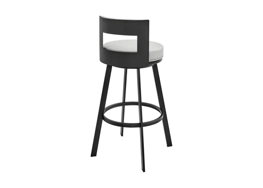 Flynn 30" Swivel Bar Stool in Black Metal with Light Gray Faux Leather