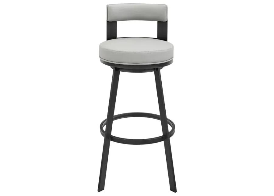 Flynn 30" Swivel Bar Stool in Black Metal with Light Gray Faux Leather