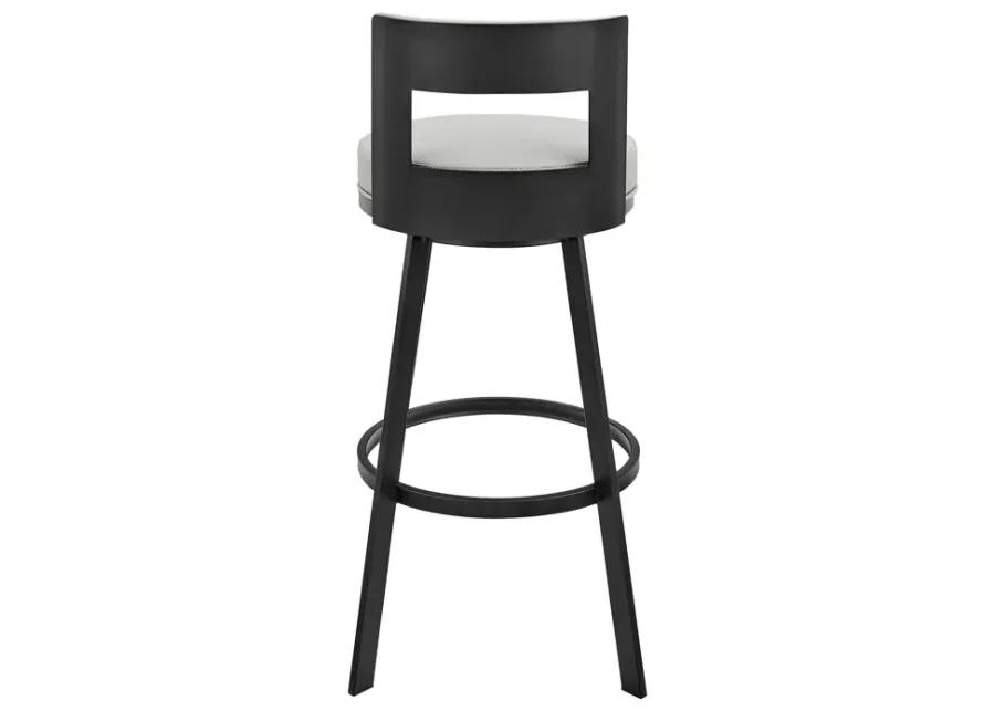 Flynn 30" Swivel Bar Stool in Black Metal with Light Gray Faux Leather