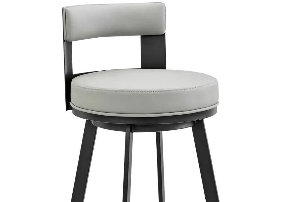 Flynn 30" Swivel Bar Stool in Black Metal with Light Gray Faux Leather