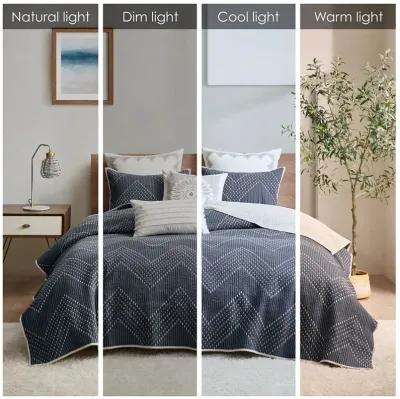 INK+IVY Pomona Navy 3 Piece Embroidered Cotton Quilt Set