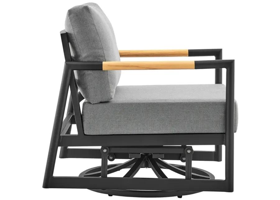 Royal Outdoor Patio Swivel Glider Lounge Chair in Black Aluminum and Teak Wood with Cushions