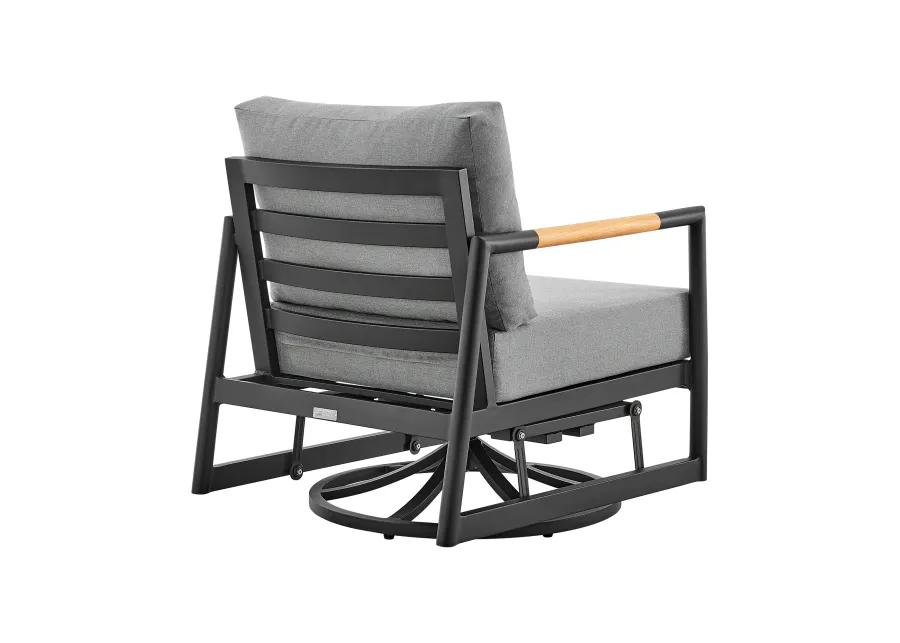 Royal Outdoor Patio Swivel Glider Lounge Chair in Black Aluminum and Teak Wood with Cushions