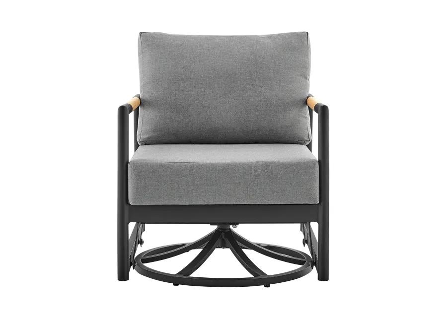 Royal Outdoor Patio Swivel Glider Lounge Chair in Black Aluminum and Teak Wood with Cushions