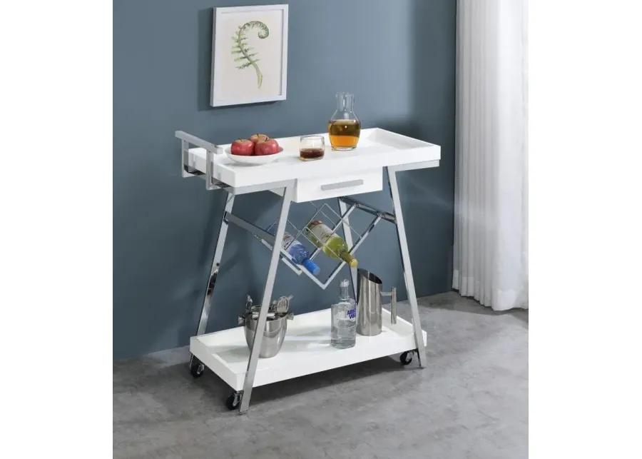 Kinney 2-tier Bar Cart with Storage Drawer White High Gloss and Chrome