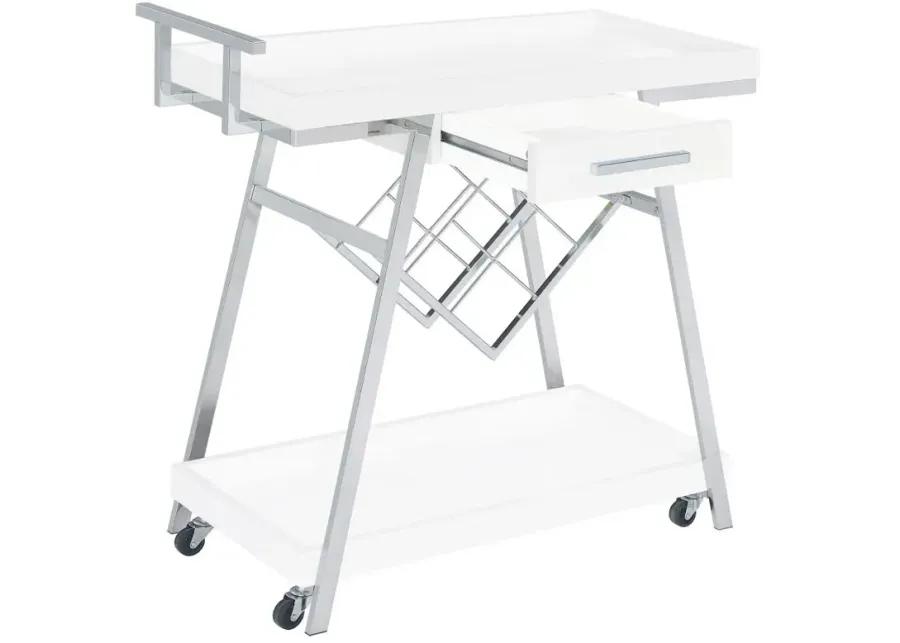 Kinney 2-tier Bar Cart with Storage Drawer White High Gloss and Chrome