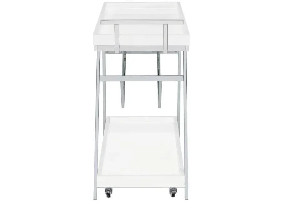 Kinney 2-tier Bar Cart with Storage Drawer White High Gloss and Chrome