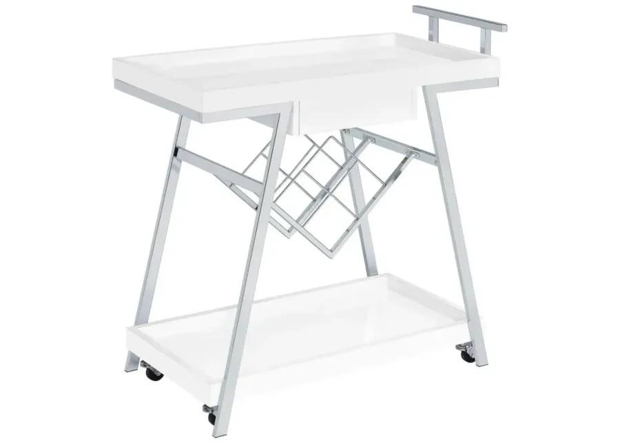 Kinney 2-tier Bar Cart with Storage Drawer White High Gloss and Chrome