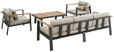 Nofi 4 piece Outdoor Patio Set in Charcoal Finish with Taupe Cushions and Teak Wood