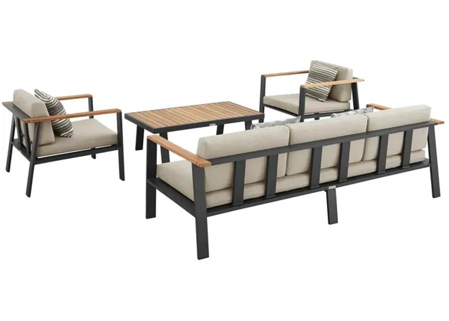 Nofi 4 piece Outdoor Patio Set in Charcoal Finish with Taupe Cushions and Teak Wood