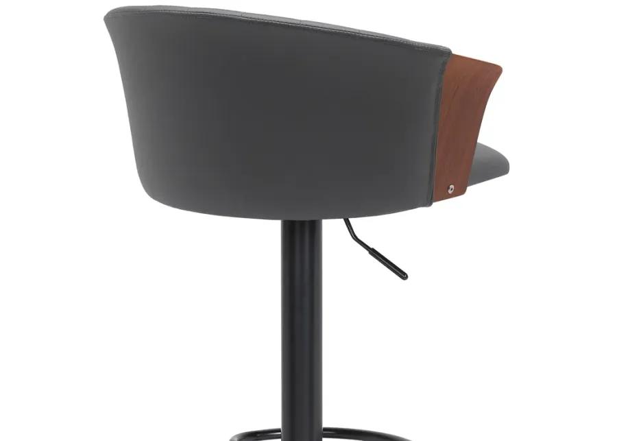 Lydia Adjustable Walnut Wood Bar Stool in Gray Faux Leather with Black Metal