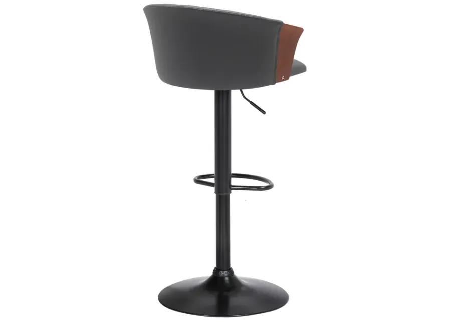 Lydia Adjustable Walnut Wood Bar Stool in Gray Faux Leather with Black Metal