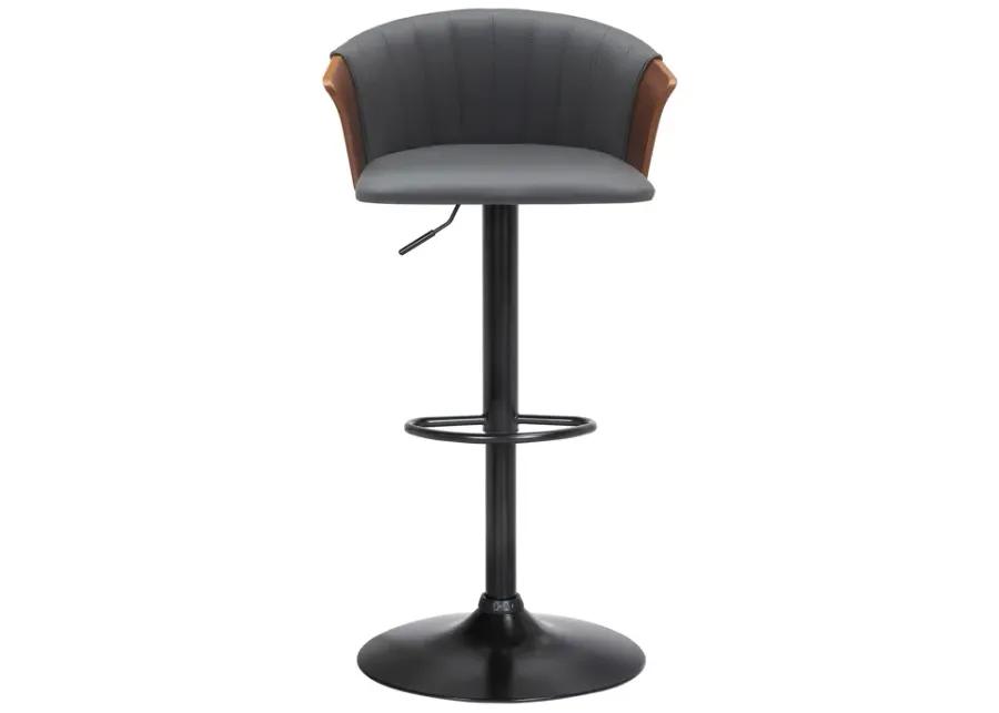 Lydia Adjustable Walnut Wood Bar Stool in Gray Faux Leather with Black Metal