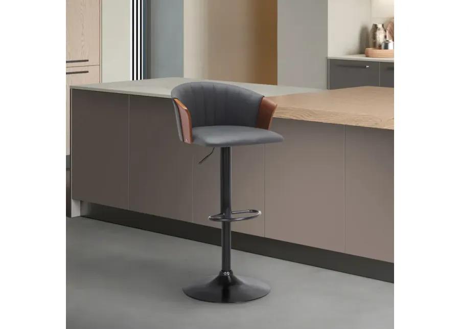 Lydia Adjustable Walnut Wood Bar Stool in Gray Faux Leather with Black Metal