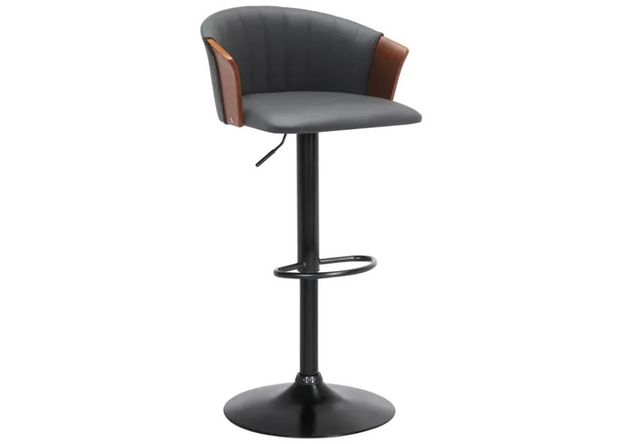 Lydia Adjustable Walnut Wood Bar Stool in Gray Faux Leather with Black Metal