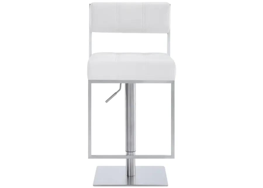 Michele Swivel Adjustable Height White Faux Leather and Brushed Stainless Steel Bar Stool