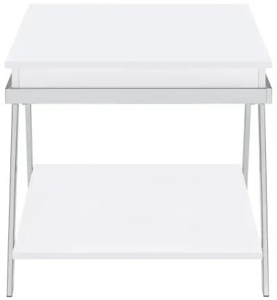 Marcia Wood Rectangular End Table White High Gloss and Chrome