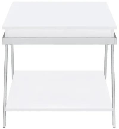 Marcia Wood Rectangular End Table White High Gloss and Chrome