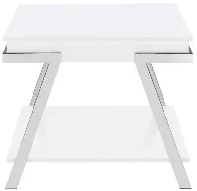 Marcia Wood Rectangular End Table White High Gloss and Chrome