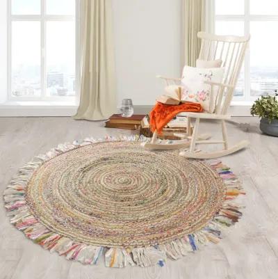 Nature Pastel Multicolor Braided Chindi Cotton Blend Indoor Round Area Rug 5'6"