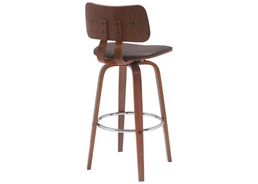 Pico 30" Swivel Walnut Wood Bar Stool in Brown Faux Leather with Chrome