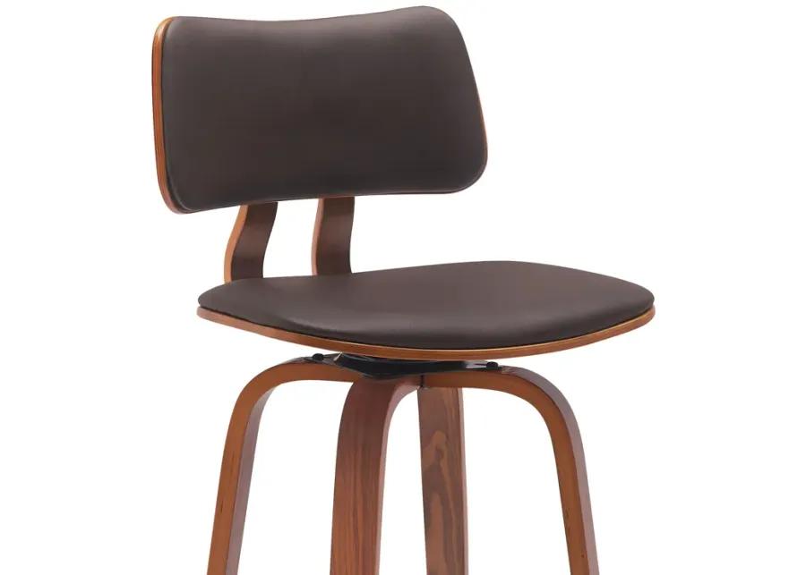 Pico 30" Swivel Walnut Wood Bar Stool in Brown Faux Leather with Chrome